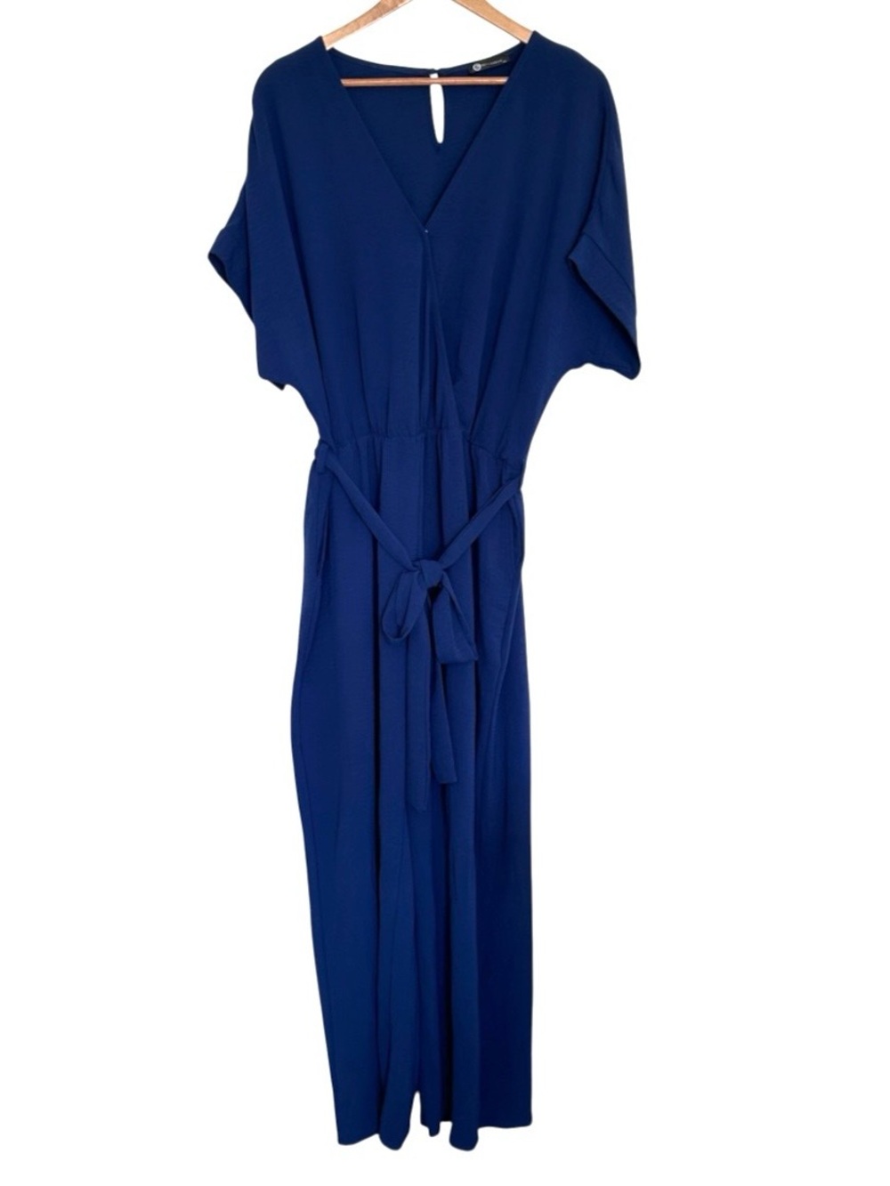 Pretty Garden Jumpsuit Women’s XL Blue Short Sleeve Pockets V Neck With Belt